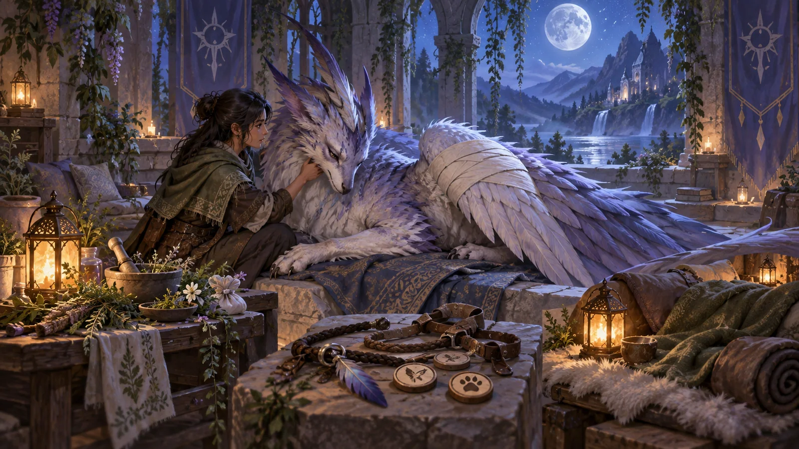 A keeper cares for an injured original winged companion in a moonlit sanctuary.
