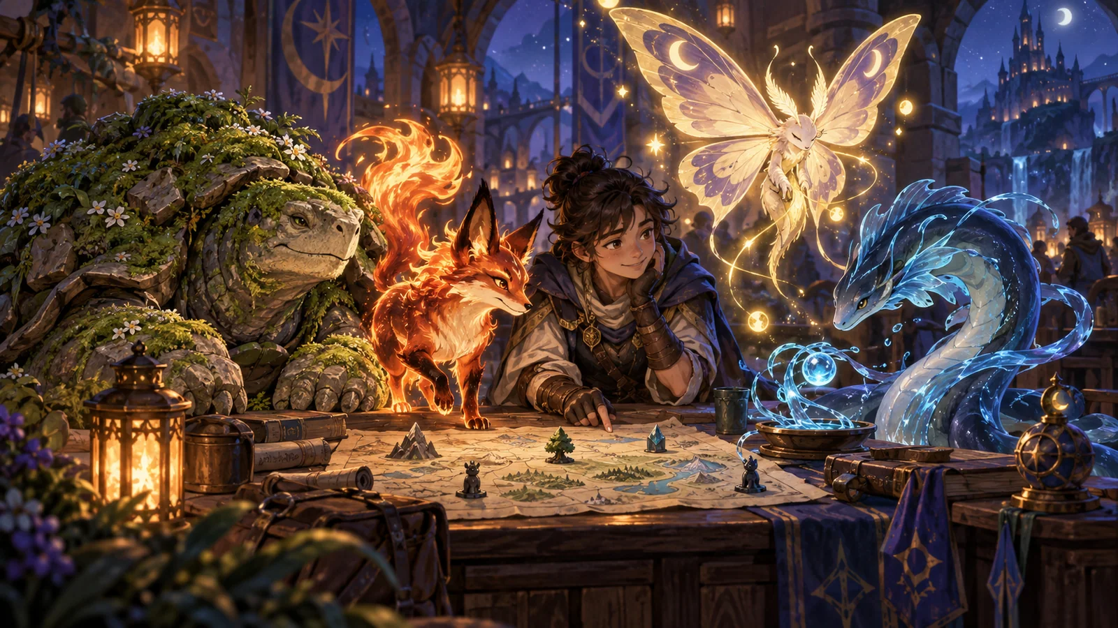 A novice fantasy keeper plans with four original companions filling different party roles.